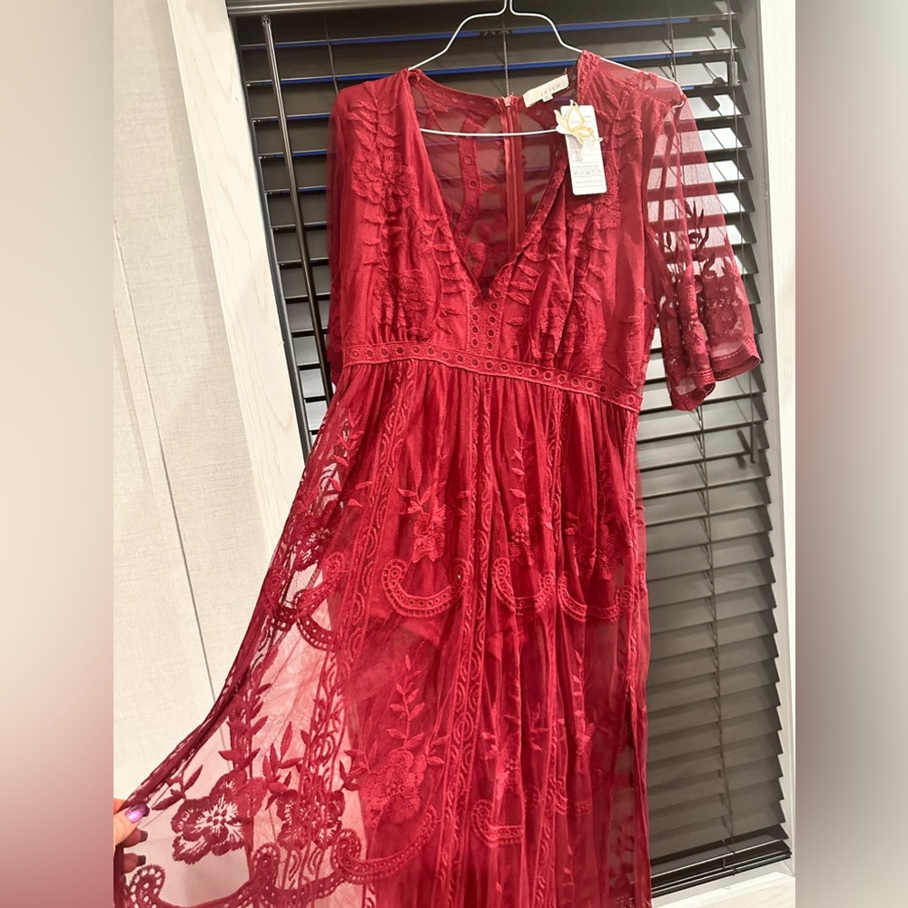 Maroon lace romper maxi dress (with tags)